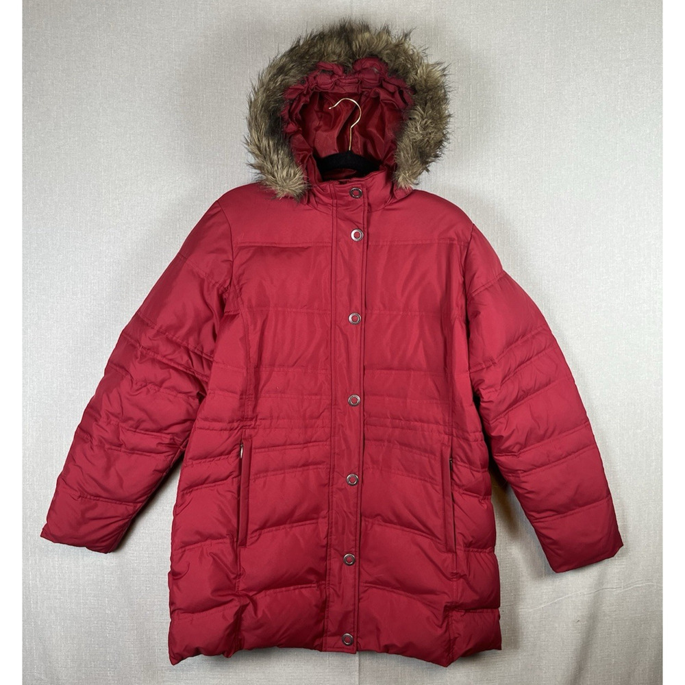 Eddie Bauer EB700 Womens L GOOSE DOWN Puffer Jacket Faux Fur Hooded Red Parka